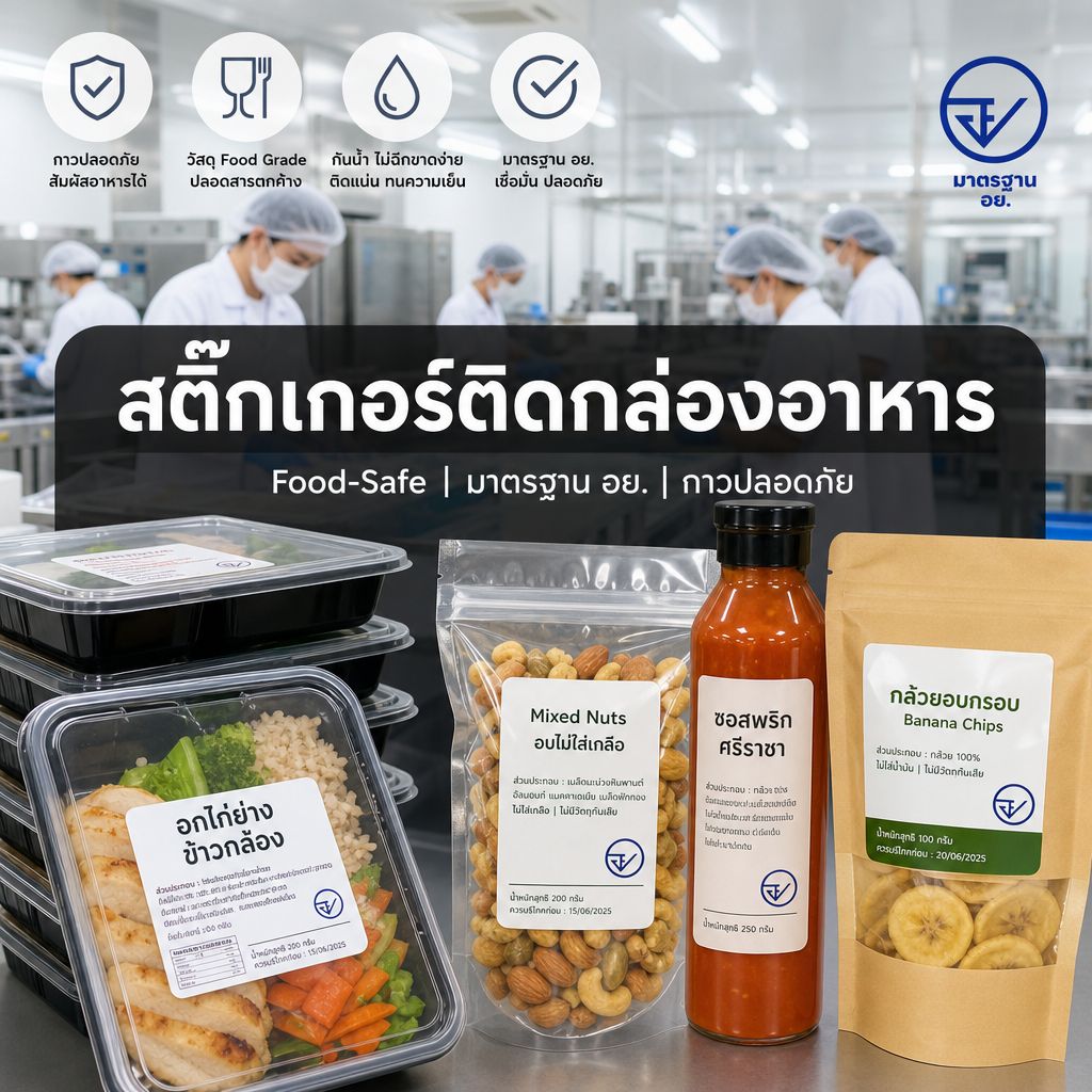 สติ๊กเกอร์ติดกล่องอาหาร: วัสดุ Food-Safe กาวที่ปลอดภัย และข้อกำหนดฉลากอาหารตามมาตรฐาน อย.